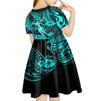 Hawaii Hula Girl Kid Short Sleeve Dress Hibiscus Hawaii Tribal Tattoo Turquoise Version - Wonder Print Shop