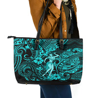 Hawaii Hula Girl Leather Tote Bag Hibiscus Hawaii Tribal Tattoo Turquoise Version - Wonder Print Shop