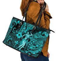 Hawaii Hula Girl Leather Tote Bag Hibiscus Hawaii Tribal Tattoo Turquoise Version - Wonder Print Shop