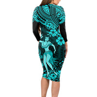 Hawaii Hula Girl Long Sleeve Bodycon Dress Hibiscus Hawaii Tribal Tattoo Turquoise Version - Wonder Print Shop