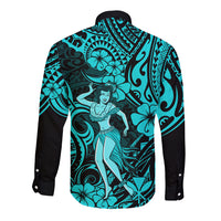 Hawaii Hula Girl Long Sleeve Button Shirt Hibiscus Hawaii Tribal Tattoo Turquoise Version - Wonder Print Shop
