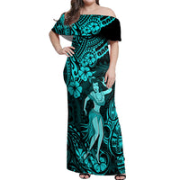 Hawaii Hula Girl Off Shoulder Maxi Dress Hibiscus Hawaii Tribal Tattoo Turquoise Version - Wonder Print Shop