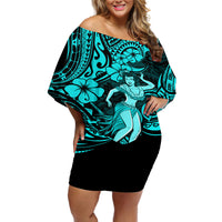 Hawaii Hula Girl Off Shoulder Short Dress Hibiscus Hawaii Tribal Tattoo Turquoise Version - Wonder Print Shop