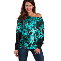 Hawaii Hula Girl Off Shoulder Sweater Hibiscus Hawaii Tribal Tattoo Turquoise Version - Wonder Print Shop