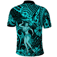 Hawaii Hula Girl Polo Shirt Hibiscus Hawaii Tribal Tattoo Turquoise Version - Wonder Print Shop