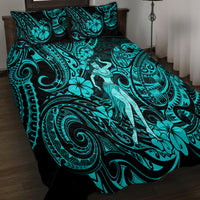 Hawaii Hula Girl Quilt Bed Set Hibiscus Hawaii Tribal Tattoo Turquoise Version - Wonder Print Shop