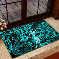 Hawaii Hula Girl Rubber Doormat Hibiscus Hawaii Tribal Tattoo Turquoise Version - Wonder Print Shop