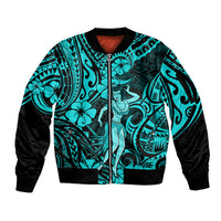 Hawaii Hula Girl Sleeve Zip Bomber Jacket Hibiscus Hawaii Tribal Tattoo Turquoise Version - Wonder Print Shop