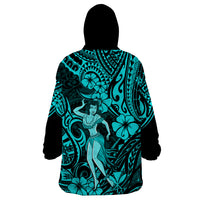 Hawaii Hula Girl Wearable Blanket Hoodie Hibiscus Hawaii Tribal Tattoo Turquoise Version - Wonder Print Shop
