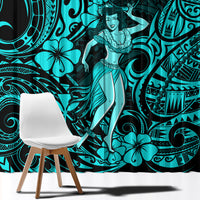 Hawaii Hula Girl Window Curtain Hibiscus Hawaii Tribal Tattoo Turquoise Version - Wonder Print Shop