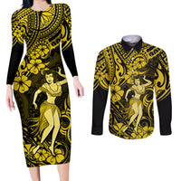 Hawaii Hula Girl Couples Matching Long Sleeve Bodycon Dress and Long Sleeve Button Shirts Hibiscus Hawaii Tribal Tattoo Yellow Version - Wonder Print Shop
