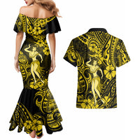 Hawaii Hula Girl Couples Matching Mermaid Dress and Hawaiian Shirt Hibiscus Hawaii Tribal Tattoo Yellow Version - Wonder Print Shop