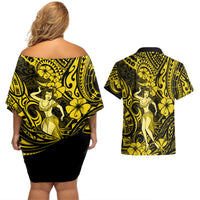 Hawaii Hula Girl Couples Matching Off Shoulder Short Dress and Hawaiian Shirt Hibiscus Hawaii Tribal Tattoo Yellow Version - Wonder Print Shop