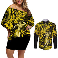 Hawaii Hula Girl Couples Matching Off Shoulder Short Dress and Long Sleeve Button Shirts Hibiscus Hawaii Tribal Tattoo Yellow Version - Wonder Print Shop