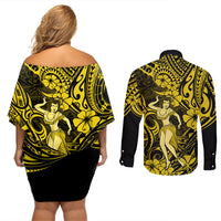 Hawaii Hula Girl Couples Matching Off Shoulder Short Dress and Long Sleeve Button Shirts Hibiscus Hawaii Tribal Tattoo Yellow Version - Wonder Print Shop