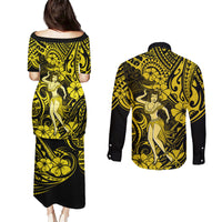 Hawaii Hula Girl Couples Matching Puletasi Dress and Long Sleeve Button Shirts Hibiscus Hawaii Tribal Tattoo Yellow Version - Wonder Print Shop