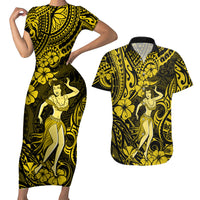 Hawaii Hula Girl Couples Matching Short Sleeve Bodycon Dress and Hawaiian Shirt Hibiscus Hawaii Tribal Tattoo Yellow Version - Wonder Print Shop