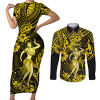 Hawaii Hula Girl Couples Matching Short Sleeve Bodycon Dress and Long Sleeve Button Shirts Hibiscus Hawaii Tribal Tattoo Yellow Version - Wonder Print Shop