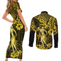 Hawaii Hula Girl Couples Matching Short Sleeve Bodycon Dress and Long Sleeve Button Shirts Hibiscus Hawaii Tribal Tattoo Yellow Version - Wonder Print Shop