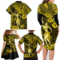 Hawaii Hula Girl Family Matching Long Sleeve Bodycon Dress and Hawaiian Shirt Hibiscus Hawaii Tribal Tattoo Yellow Version - Wonder Print Shop