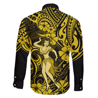 Hawaii Hula Girl Family Matching Long Sleeve Bodycon Dress and Hawaiian Shirt Hibiscus Hawaii Tribal Tattoo Yellow Version - Wonder Print Shop