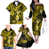 Hawaii Hula Girl Family Matching Off Shoulder Long Sleeve Dress and Hawaiian Shirt Hibiscus Hawaii Tribal Tattoo Yellow Version - Wonder Print Shop