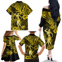 Hawaii Hula Girl Family Matching Off Shoulder Long Sleeve Dress and Hawaiian Shirt Hibiscus Hawaii Tribal Tattoo Yellow Version - Wonder Print Shop