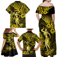 Hawaii Hula Girl Family Matching Off Shoulder Maxi Dress and Hawaiian Shirt Hibiscus Hawaii Tribal Tattoo Yellow Version - Wonder Print Shop