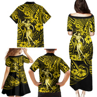 Hawaii Hula Girl Family Matching Puletasi Dress and Hawaiian Shirt Hibiscus Hawaii Tribal Tattoo Yellow Version - Wonder Print Shop
