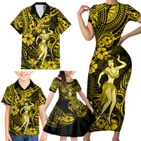 Hawaii Hula Girl Family Matching Short Sleeve Bodycon Dress and Hawaiian Shirt Hibiscus Hawaii Tribal Tattoo Yellow Version - Wonder Print Shop
