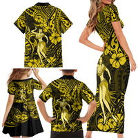 Hawaii Hula Girl Family Matching Short Sleeve Bodycon Dress and Hawaiian Shirt Hibiscus Hawaii Tribal Tattoo Yellow Version - Wonder Print Shop