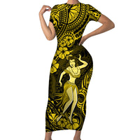 Hawaii Hula Girl Family Matching Short Sleeve Bodycon Dress and Hawaiian Shirt Hibiscus Hawaii Tribal Tattoo Yellow Version - Wonder Print Shop