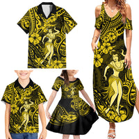 Hawaii Hula Girl Family Matching Summer Maxi Dress and Hawaiian Shirt Hibiscus Hawaii Tribal Tattoo Yellow Version - Wonder Print Shop