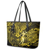Hawaii Hula Girl Leather Tote Bag Hibiscus Hawaii Tribal Tattoo Yellow Version - Wonder Print Shop