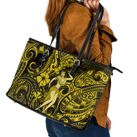 Hawaii Hula Girl Leather Tote Bag Hibiscus Hawaii Tribal Tattoo Yellow Version - Wonder Print Shop