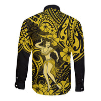 Hawaii Hula Girl Long Sleeve Button Shirt Hibiscus Hawaii Tribal Tattoo Yellow Version - Wonder Print Shop