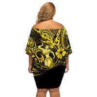 Hawaii Hula Girl Off Shoulder Short Dress Hibiscus Hawaii Tribal Tattoo Yellow Version - Wonder Print Shop