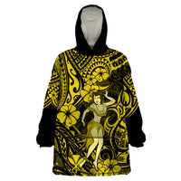 Hawaii Hula Girl Wearable Blanket Hoodie Hibiscus Hawaii Tribal Tattoo Yellow Version - Wonder Print Shop