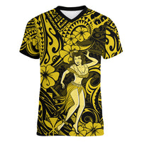 Hawaii Hula Girl Women V Neck T Shirt Hibiscus Hawaii Tribal Tattoo Yellow Version - Wonder Print Shop