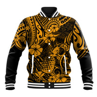 Hawaii Pineapple Baseball Jacket Paradise Flowers Pacific With Gold Polynesian Tribal - Wonder Print Shop