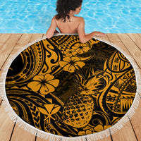 Hawaii Pineapple Beach Blanket Paradise Flowers Pacific With Gold Polynesian Tribal - Wonder Print Shop