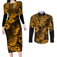 Hawaii Pineapple Couples Matching Long Sleeve Bodycon Dress and Long Sleeve Button Shirts Paradise Flowers Pacific With Gold Polynesian Tribal - Wonder Print Shop
