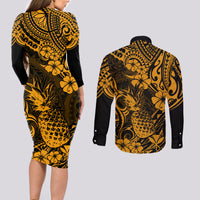 Hawaii Pineapple Couples Matching Long Sleeve Bodycon Dress and Long Sleeve Button Shirts Paradise Flowers Pacific With Gold Polynesian Tribal - Wonder Print Shop