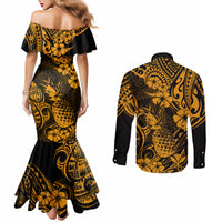 hawaii-pineapple-couples-matching-mermaid-dress-and-long-sleeve-button-shirts-paradise-flowers-pacific-with-gold-polynesian-tribal
