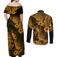 Hawaii Pineapple Couples Matching Off Shoulder Maxi Dress and Long Sleeve Button Shirts Paradise Flowers Pacific With Gold Polynesian Tribal - Wonder Print Shop