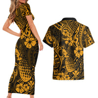 Hawaii Pineapple Couples Matching Short Sleeve Bodycon Dress and Hawaiian Shirt Paradise Flowers Pacific With Gold Polynesian Tribal - Wonder Print Shop