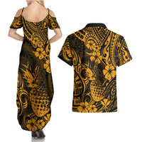 Hawaii Pineapple Couples Matching Summer Maxi Dress and Hawaiian Shirt Paradise Flowers Pacific With Gold Polynesian Tribal - Wonder Print Shop