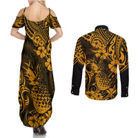Hawaii Pineapple Couples Matching Summer Maxi Dress and Long Sleeve Button Shirts Paradise Flowers Pacific With Gold Polynesian Tribal - Wonder Print Shop
