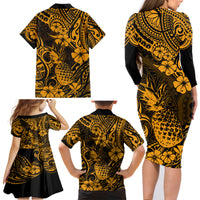 Hawaii Pineapple Family Matching Long Sleeve Bodycon Dress and Hawaiian Shirt Paradise Flowers Pacific With Gold Polynesian Tribal - Wonder Print Shop