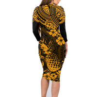 Hawaii Pineapple Family Matching Long Sleeve Bodycon Dress and Hawaiian Shirt Paradise Flowers Pacific With Gold Polynesian Tribal - Wonder Print Shop